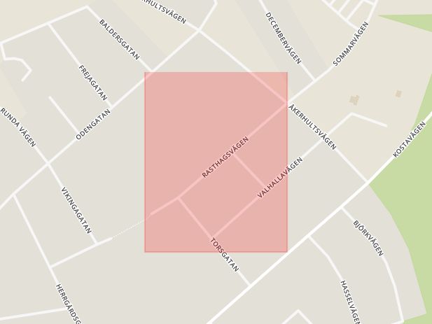 Karta som med röd fyrkant ramar in Rasthagsvägen, Lessebo, Kronobergs län