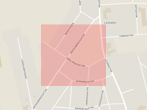 Karta som med röd fyrkant ramar in Smålandsgatan, Lessebo, Kronobergs län
