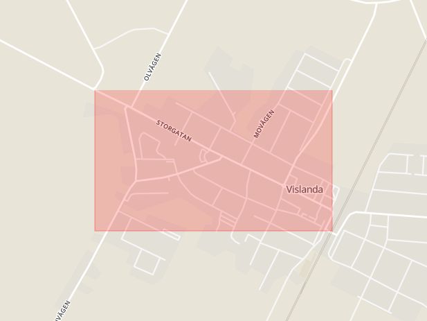 Karta som med röd fyrkant ramar in Storgatan, Vislanda, Alvesta, Kronobergs län
