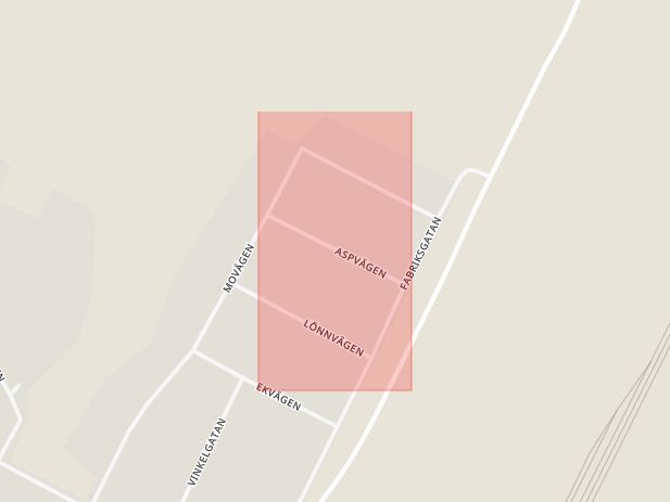 Karta som med röd fyrkant ramar in Aspvägen, Alvesta, Kronobergs län