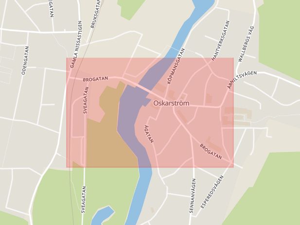 Karta som med röd fyrkant ramar in Oskarström, Brogatan, Hallands län