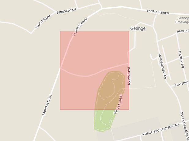 Karta som med röd fyrkant ramar in Halmstad, Fabriksgatan, Getinge, Hallands län