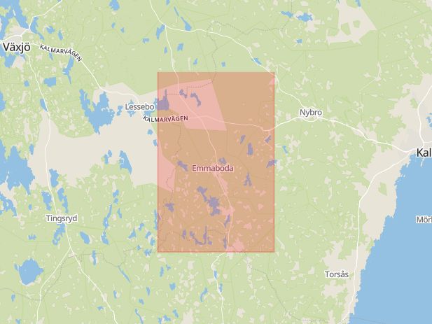 Karta som med röd fyrkant ramar in Emmaboda Kommun, Gamleby, Västervik, Frödinge, Vimmerby Kommun, Kalmar län