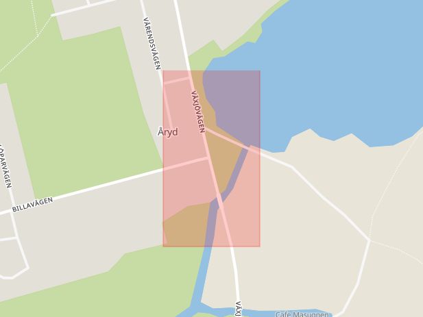 Karta som med röd fyrkant ramar in Åryd, Växjö, Kronobergs län