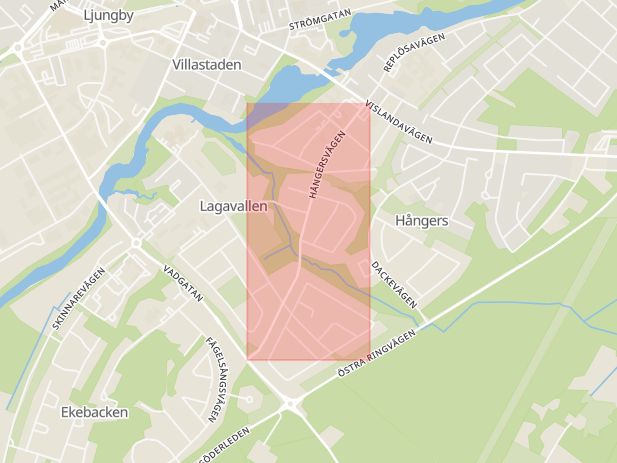 Karta som med röd fyrkant ramar in Hångers, Ljungby, Kronobergs län