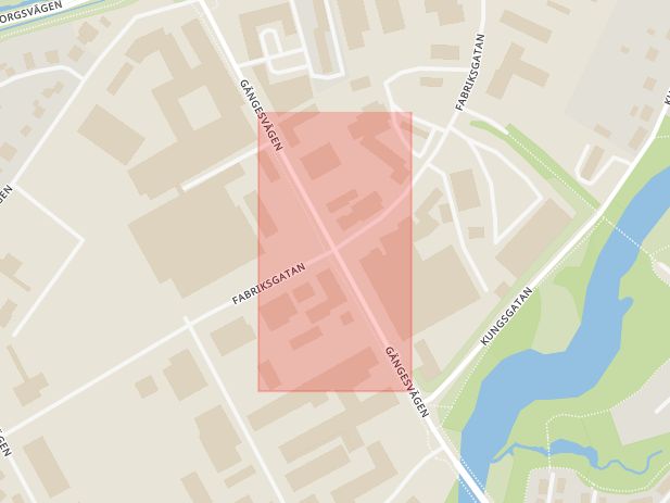 Karta som med röd fyrkant ramar in Fabriksgatan, Gängesvägen, Ljungby, Kronobergs län