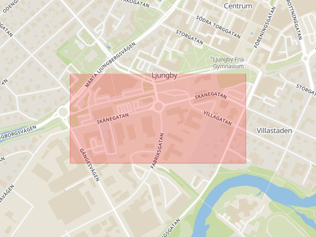 Karta som med röd fyrkant ramar in Skånegatan, Ljungby, Kronobergs län