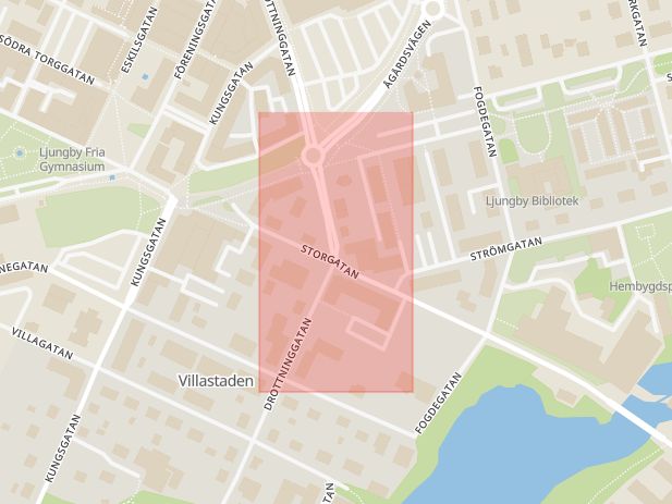 Karta som med röd fyrkant ramar in Storgatan, Drottninggatan, Ljungby, Kronobergs län