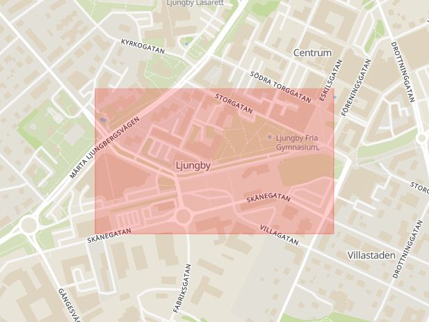 Karta som med röd fyrkant ramar in Stationsgatan, Ljungby, Kronobergs län