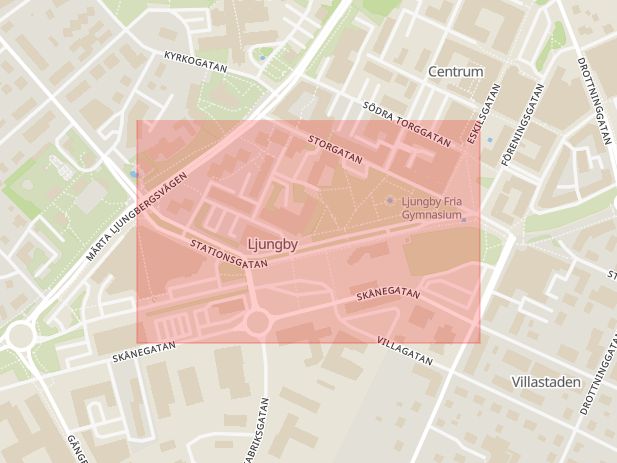 Karta som med röd fyrkant ramar in Stationsgatan, Ljungby, Kronobergs län