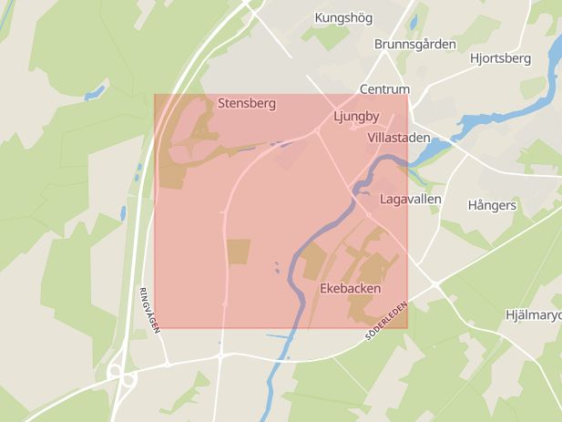 Karta som med röd fyrkant ramar in Kungsgatan, Ljungby, Kronobergs län