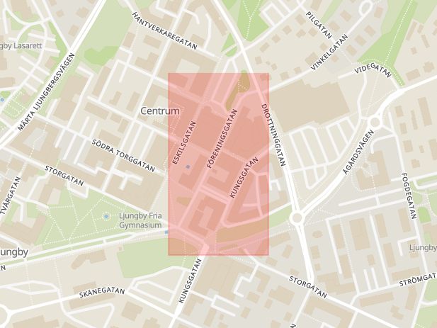 Karta som med röd fyrkant ramar in Föreningsgatan, Ljungby, Kronobergs län