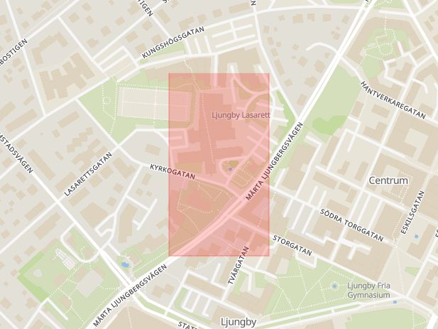 Karta som med röd fyrkant ramar in Ljungby Lasarett, Ljungby, Kronobergs län
