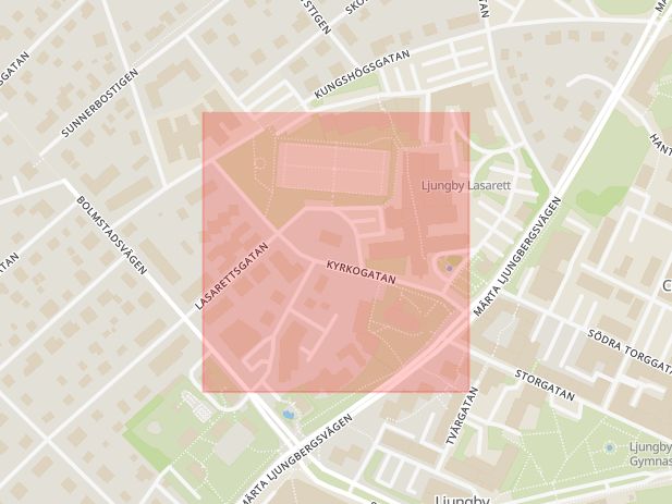 Karta som med röd fyrkant ramar in Kyrkogatan, Ljungby, Kronobergs län
