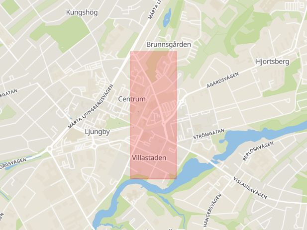 Karta som med röd fyrkant ramar in Drottninggatan, Ljungby, Kronobergs län