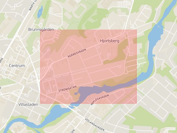 Karta som med röd fyrkant ramar in Strömgatan, Ljungby, Kronobergs län
