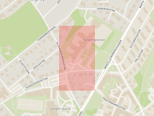 Karta som med röd fyrkant ramar in Märta Ljungbergsvägen, Kungshögsskolan, Ljungby, Kronobergs län