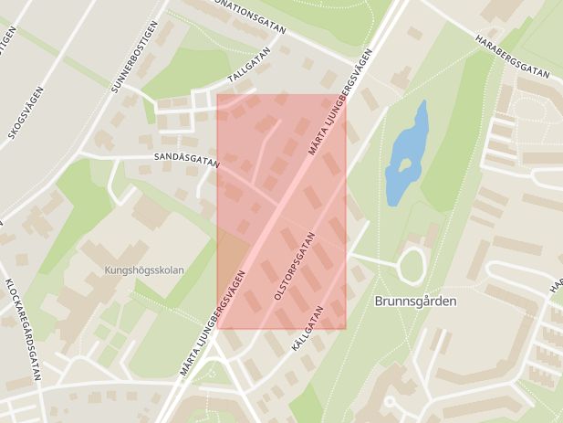 Karta som med röd fyrkant ramar in Märta Ljungbergsvägen, Sandåsgatan, Ljungby, Kronobergs län