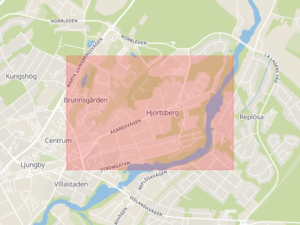 Karta som med röd fyrkant ramar in Drottninggatan, Ågårdsvägen, Ljungby, Kronobergs län