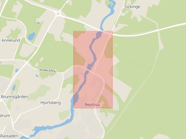 Karta som med röd fyrkant ramar in Sickingevägen, Ljungby, Kronobergs län