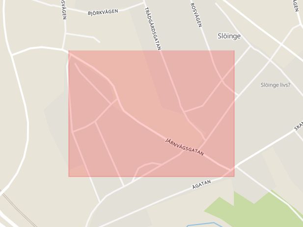 Karta som med röd fyrkant ramar in Järnvägsgatan, Slöinge, Falkenberg, Hallands län