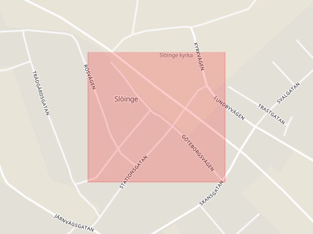Karta som med röd fyrkant ramar in Göteborgsvägen, Slöinge, Falkenberg, Hallands län