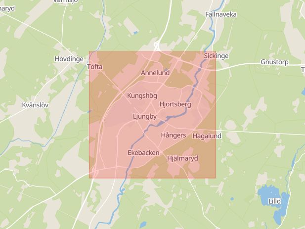 Karta som med röd fyrkant ramar in Hamneda, Gräset, Ljungby, Kronobergs län