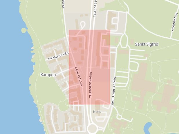 Karta som med röd fyrkant ramar in Kampen, Växjö, Kronobergs län