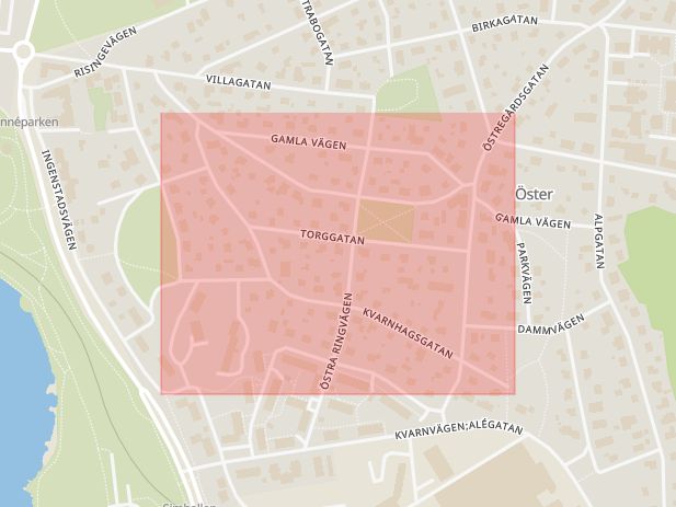 Karta som med röd fyrkant ramar in Kvarnhagsgatan, Växjö, Kronobergs län