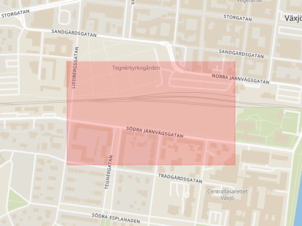 Karta som med röd fyrkant ramar in Drottninggatan, Växjö, Kronobergs län