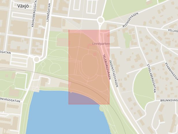 Karta som med röd fyrkant ramar in Linnéparken, Växjö, Kronobergs län