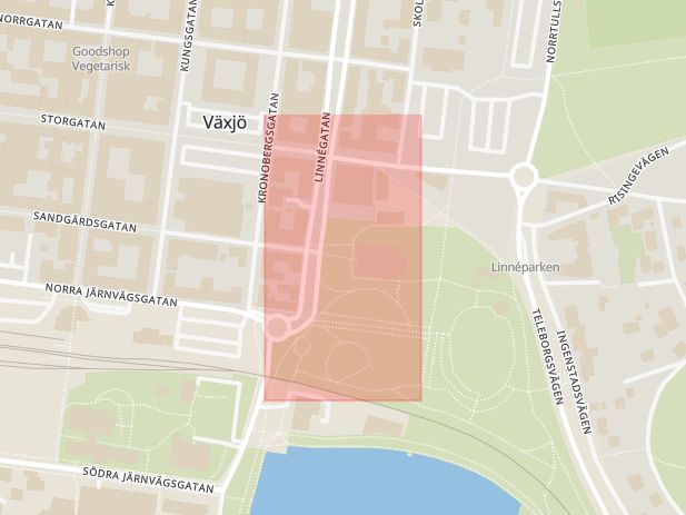 Karta som med röd fyrkant ramar in Domkyrkan, Växjö, Kronobergs län