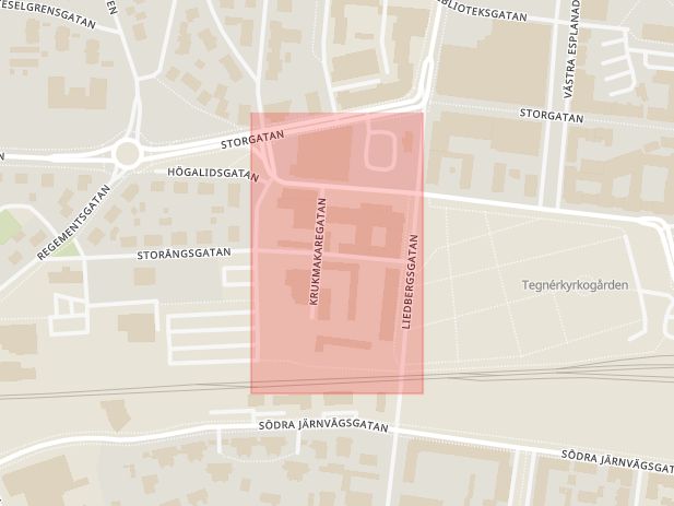 Karta som med röd fyrkant ramar in Krukmakargatan, Växjö, Kronobergs län