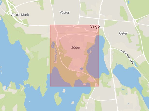 Karta som med röd fyrkant ramar in Söderleden, Växjö, Kronobergs län