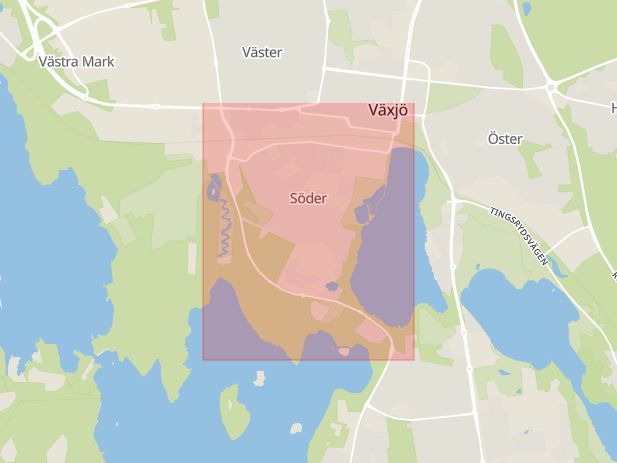 Karta som med röd fyrkant ramar in Söderleden, Växjö, Kronobergs län