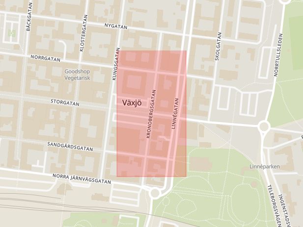 Karta som med röd fyrkant ramar in Kronobergsgatan, Storgatan, Växjö, Kronobergs län