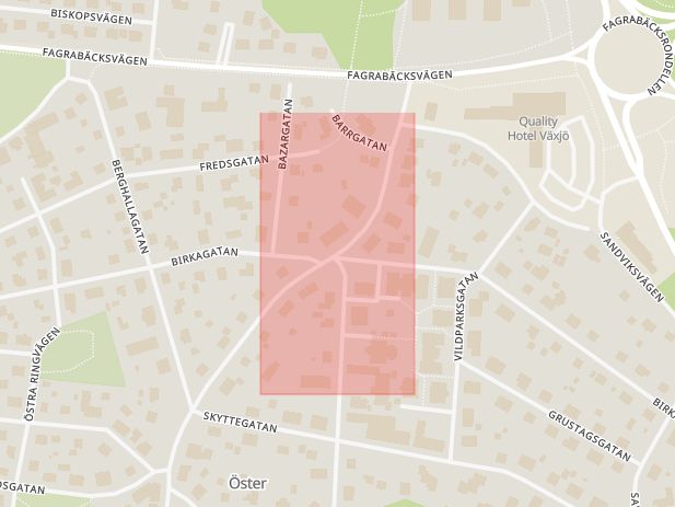 Karta som med röd fyrkant ramar in Birkagatan, Östregårdsgatan, Växjö, Kronobergs län