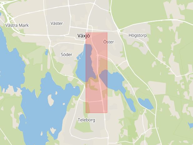 Karta som med röd fyrkant ramar in Teleborgsvägen, Växjö, Kronobergs län