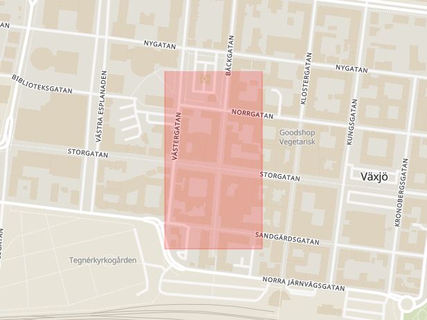 Karta som med röd fyrkant ramar in Storgatan, Norrtullsgatan, Växjö, Kronobergs län