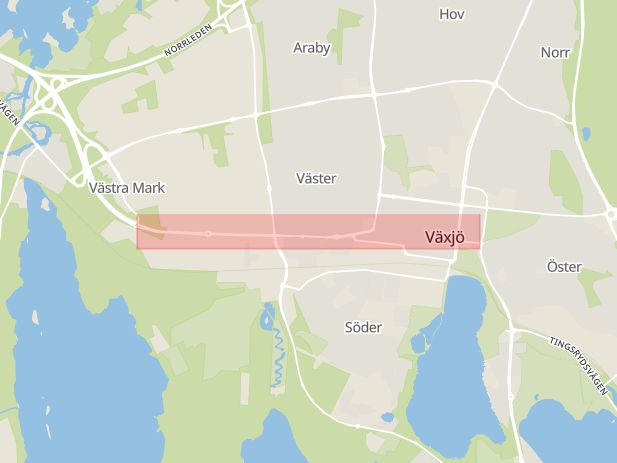 Karta som med röd fyrkant ramar in Storgatan, Teleborgsvägen, Växjö, Kronobergs län
