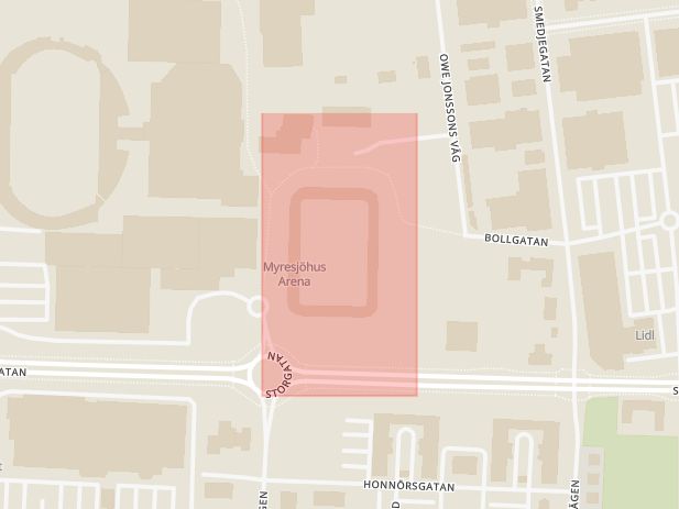 Karta som med röd fyrkant ramar in Myresjöhus Arena, Landskrona, Växjö, Kronobergs län