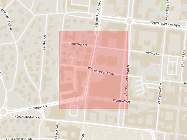 Karta som med röd fyrkant ramar in Biblioteksgatan, Växjö, Kronobergs län