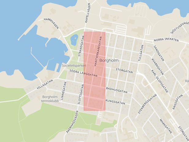 Karta som med röd fyrkant ramar in Hantverkaregatan, Borgholm, Kalmar län