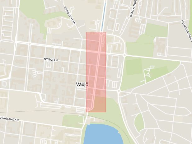 Karta som med röd fyrkant ramar in Linnégatan, Växjö, Kronobergs län