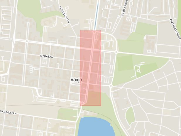 Karta som med röd fyrkant ramar in Linnégatan, Växjö, Kronobergs län