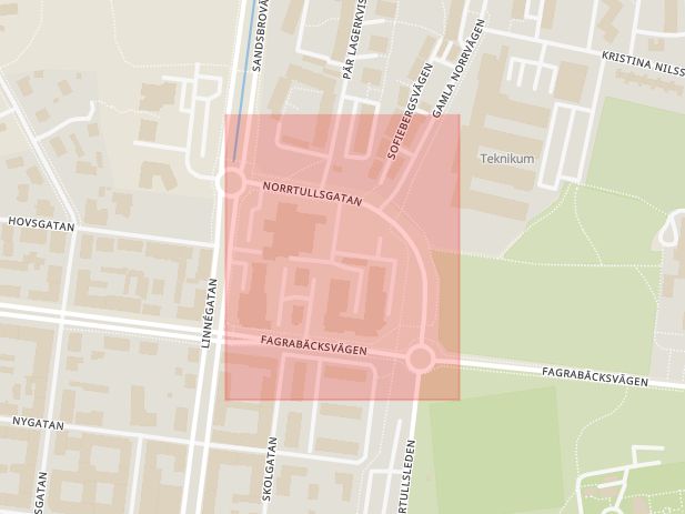 Karta som med röd fyrkant ramar in Norrtullsgatan, Växjö, Kronobergs län