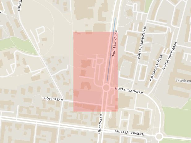 Karta som med röd fyrkant ramar in Lineborgsplan, Växjö, Kronobergs län