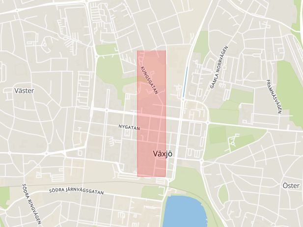 Karta som med röd fyrkant ramar in Kungsgatan, Växjö, Kronobergs län