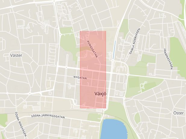 Karta som med röd fyrkant ramar in Kungsgatan, Stortorget, Växjö, Kronobergs län
