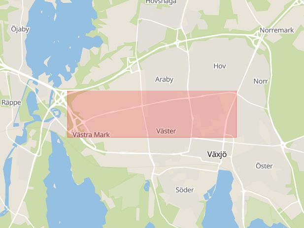 Karta som med röd fyrkant ramar in Mörners Väg, Växjö, Kronobergs län